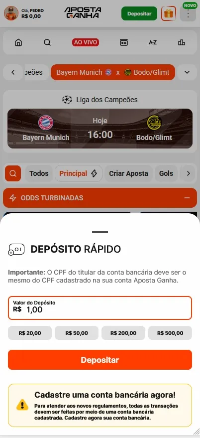 Aposta Ganha depósito rápido via Pix durante partida Bayern Munich x Bodo/Glimt pela Champions League