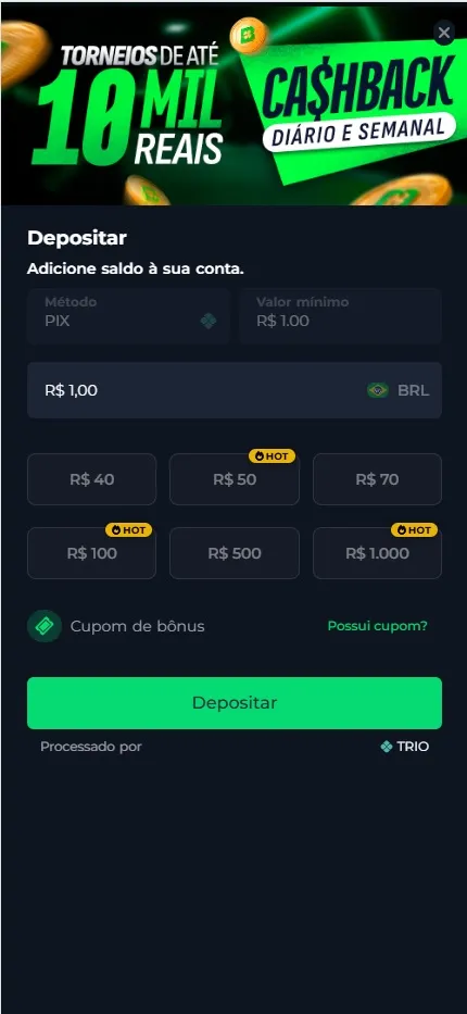 Brasil da Sorte com Cashback diário e semanal de até R$ 10 mil em torneios, com depósito via Pix a partir de R$ 1