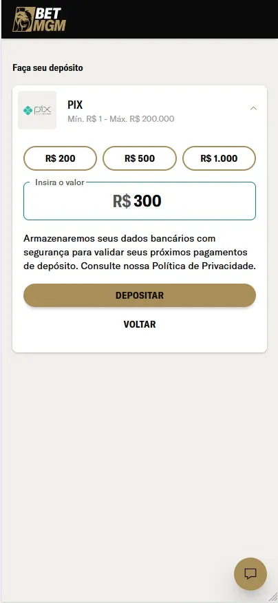 BetMGM depósito via Pix com limite de R$ 1 a R$ 200.000 e valor de R$ 300 inserido