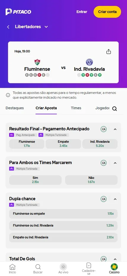 Pitaco com Criar Aposta para Fluminense vs Ind. Rivadavia pela Libertadores com odds 1.71, 3.45 e 5.20