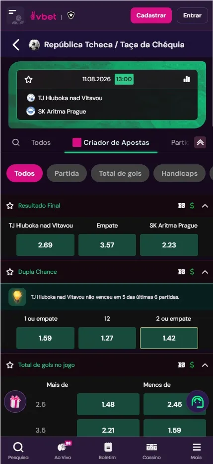 VBET com Criador de Apostas para Taça da Chéquia com odds, dupla chance e total de gols no jogo