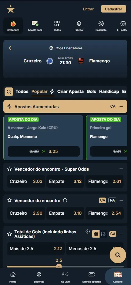 EstrelaBet com Cruzeiro vs Flamengo pela Libertadores, aposta aumentada de 2.66 para 3.25 e Super Odds