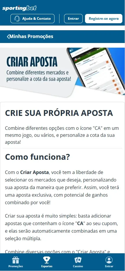 Sportingbet com Criar Aposta para combinar mercados com ícone CA e personalizar a cota da aposta múltipla