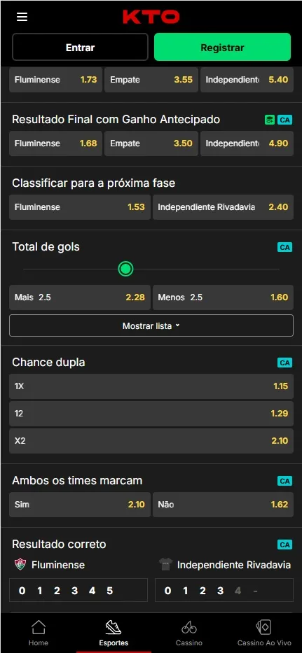 KTO com mercados para Fluminense vs Independiente Rivadavia com odds 1.73, 3.55 e 5.40 e total de gols e chance dupla
