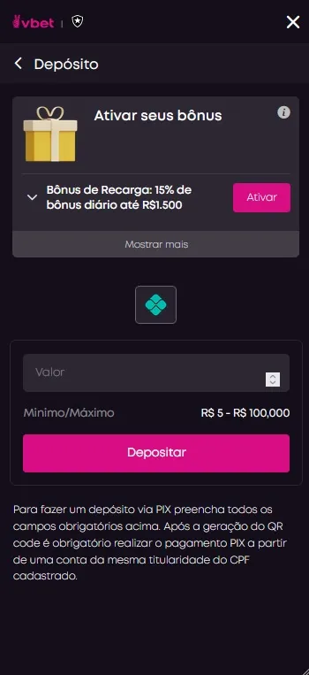Depósito via Pix na VBET com bônus de recarga de 15% até R$1.500 e valores de R$5 a R$100.000