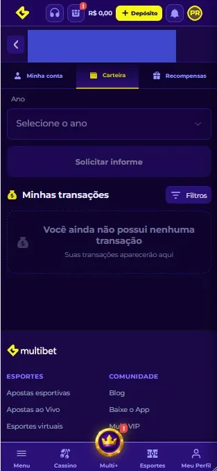 Carteira da Multibet com histórico de transações, filtros por ano e opção de solicitar informe