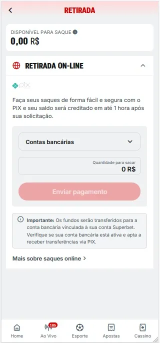 Retirada via Pix na Superbet com saldo disponível para saque creditado em até 1 hora na conta bancária