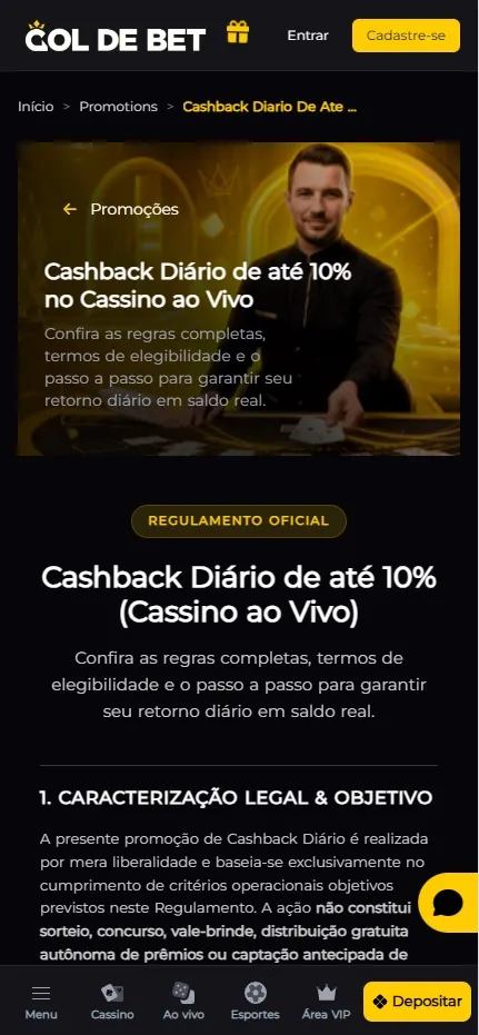 Cashback Diário de até 10% no Cassino ao Vivo da Gol de Bet, com tabelas de faixas de perda líquida e percentuais de retorno para usuários comuns e VIPs