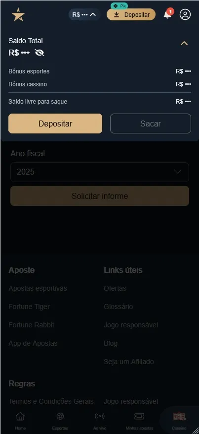 Área de conta da Estrelabet no aplicativo, com opções de depósito, saque e saldo disponível