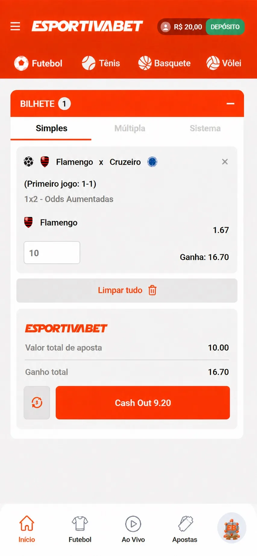 Cash out de R$9,20 na EsportivaBet em aposta simples de R$10 no Flamengo vs Cruzeiro com odd 1.67