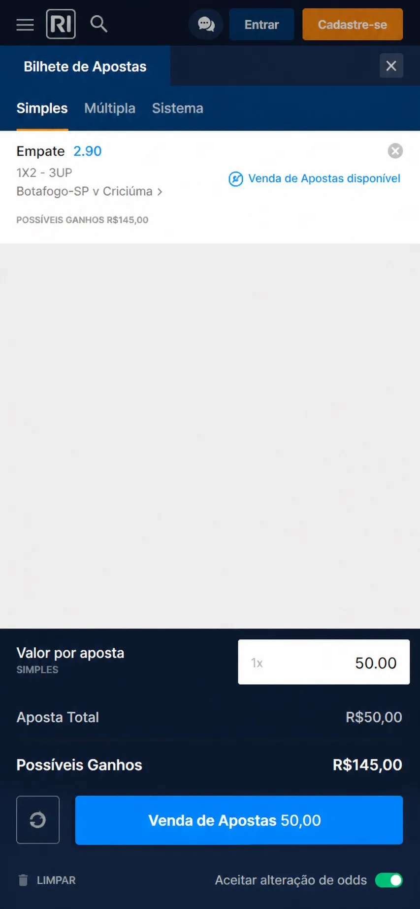 Bilhete na Rivalo com empate em Botafogo-SP vs Criciúma a 2.90, aposta de R$50 e venda de apostas disponível