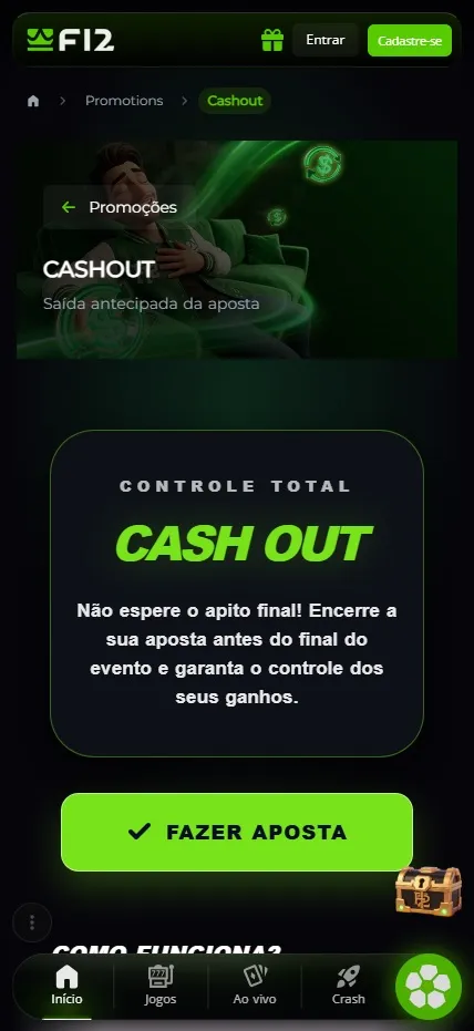 Cash out na F12 Bet para saída antecipada da aposta e controle dos ganhos antes do apito final