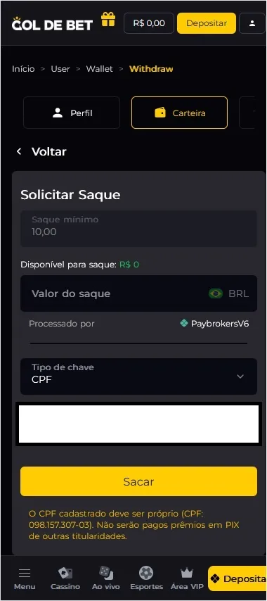 Saque via Pix na Gol de Bet com valor mínimo de R$10 processado por PaybrokersV6 usando chave CPF