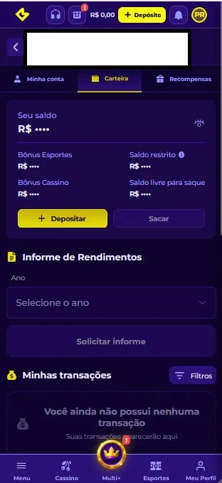 Carteira da Multibet com saldo, bônus esportes e cassino, informe de rendimentos e histórico de transações