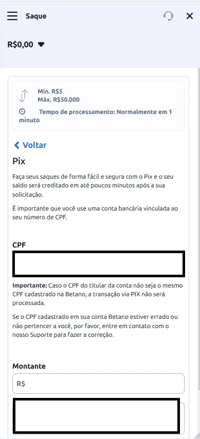Saque via Pix na Betano com mínimo de R$5 e máximo de R$50.000, processamento em 1 minuto vinculado ao CPF