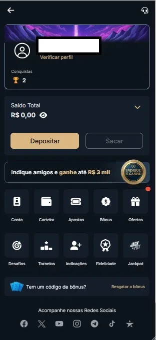 EstrelaBet com saldo, conquistas, opções de depositar e sacar e indicação de amigos por até R$3 mil