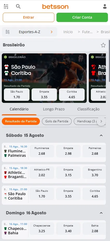 Casa de apostas legalizada Betsson com eventos do Brasileirão