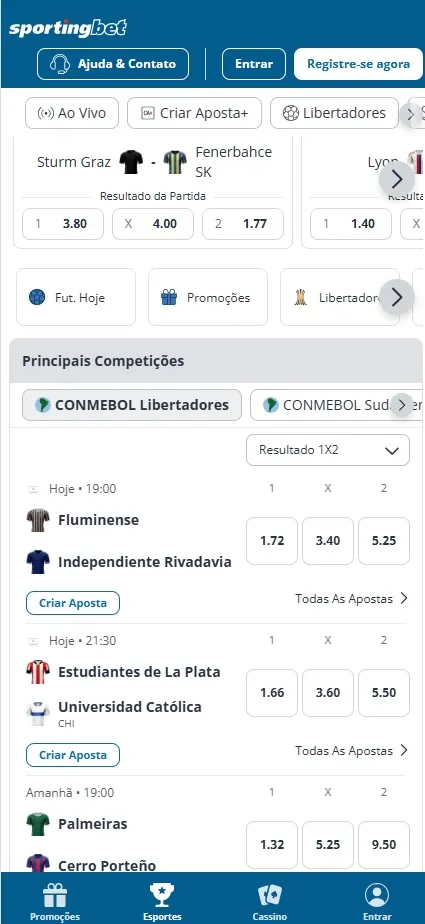 Sportingbet com Libertadores, Fluminense vs Independiente Rivadavia odds 1.72, 3.40 e 5.25 e Palmeiras odds 1.32