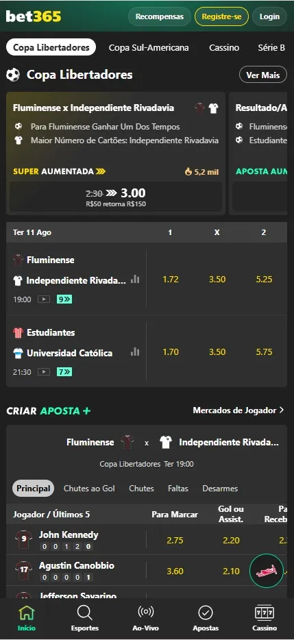bet365 com Copa Libertadores, Fluminense vs Independiente Rivadavia com odds 1.72, 3.50 e 5.25 e super aumentada de 3.00