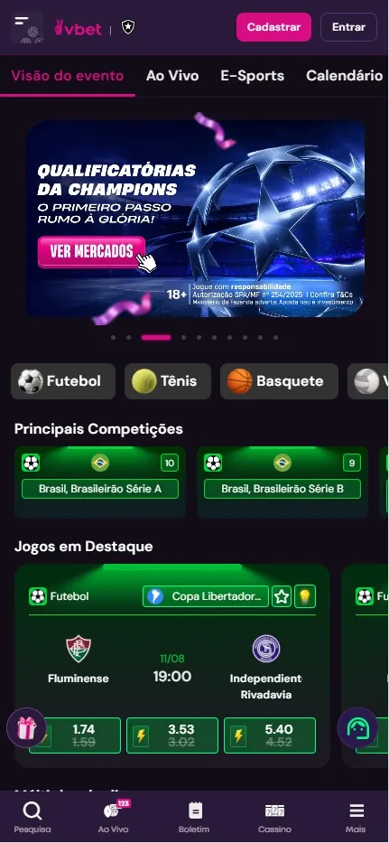 VBET com Qualificatórias da Champions e Fluminense vs Independiente Rivadavia pela Libertadores com odds 1.74 e 5.40