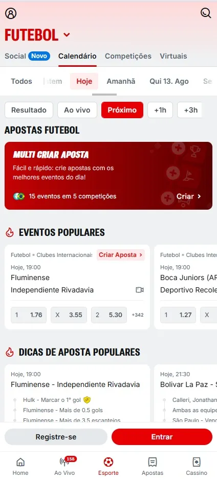 Superbet com futebol, Fluminense vs Independiente Rivadavia odds 1.76, 3.55 e 5.30 e Multi Criar Aposta