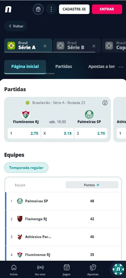 Novibet com Brasileirão Série A Rodada 23, Fluminense vs Palmeiras com odds 2.75, 3.15 e 2.70 e classificação