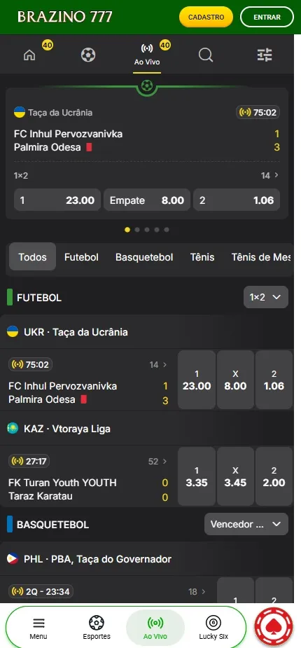Brazino 777 com jogos ao vivo da Taça da Ucrânia e odds para FC Inhul Pervozvanivka 1x3 Palmira Odesa
