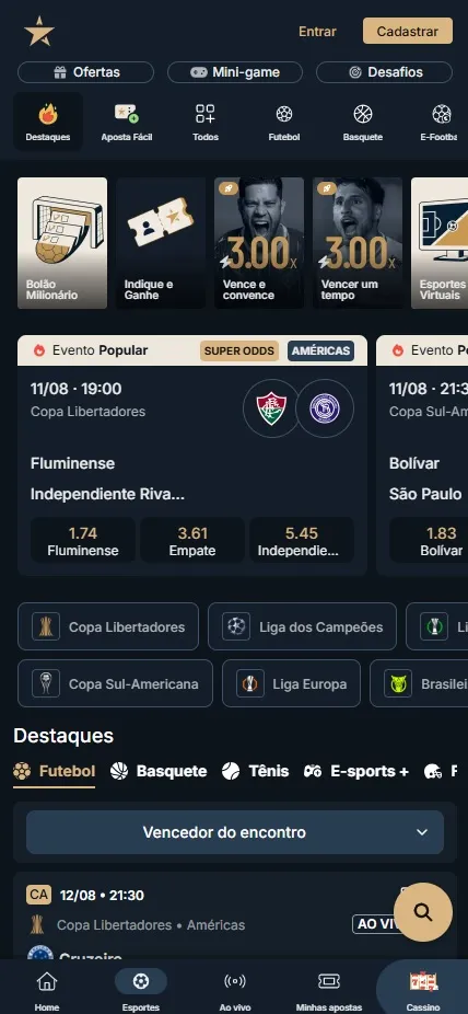 EstrelaBet com Fluminense vs Independiente Rivadavia pela Copa Libertadores com odds 1.74, 3.61 e 5.45