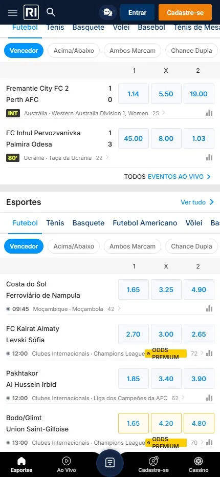 Rivalo com odds para Champions League, Moçambola e futebol ao vivo com destaque para Odds Premium