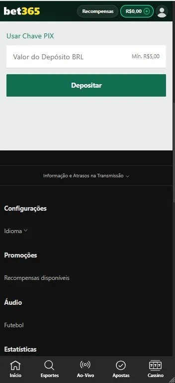 Depósito via chave Pix na bet365 com valor mínimo de R$5 em reais brasileiros