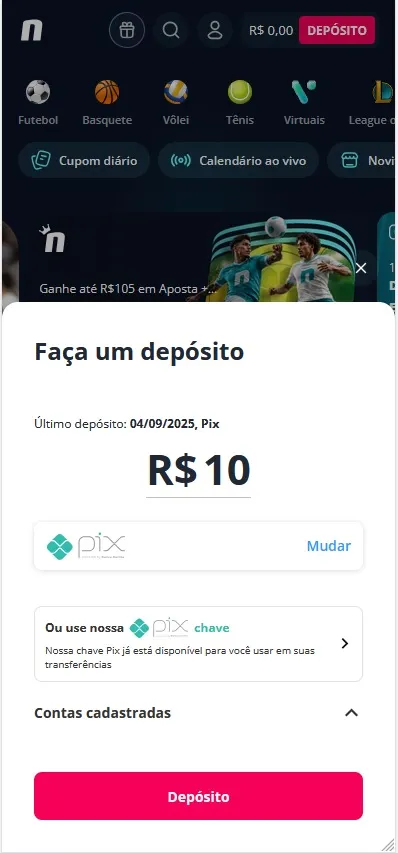 Depósito via Pix na Novibet com valor de R$10 e opção de chave Pix disponível para transferência