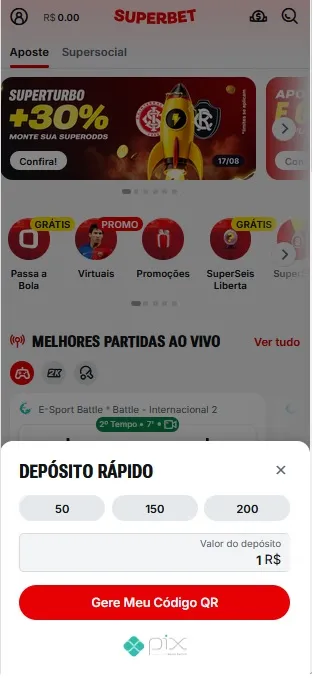 Depósito rápido via Pix na Superbet com valores de 50, 150 e 200 reais e geração de código QR