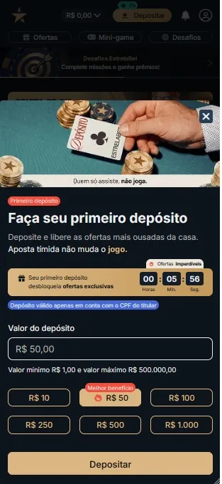 Primeiro depósito na EstrelaBet com valor mínimo de R$1 e máximo de R$500.000 e ofertas exclusivas desbloqueáveis