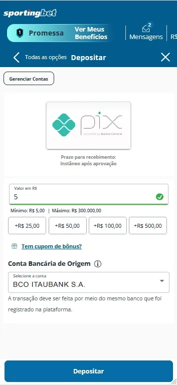 Depósito via Pix na Sportingbet com mínimo de R$5 e máximo de R$300.000 com cupom de bônus disponível