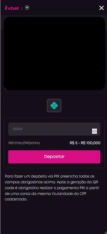 Depósito via Pix na VBET com valor mínimo de R$5 e máximo de R$100.000 vinculado ao CPF cadastrado