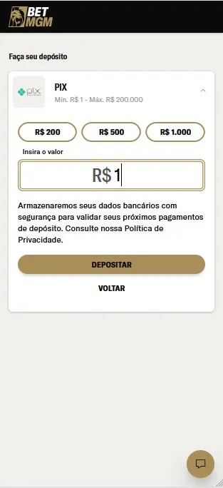 Depósito via Pix na BetMGM com mínimo de R$1 e máximo de R$200.000 e opções de R$200, R$500 e R$1.000