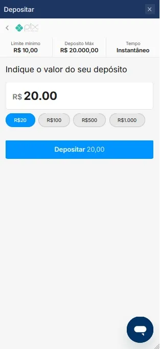 Depósito via Pix na Rivalo com valor de R$20, mínimo de R$10 e máximo de R$20.000 com crédito instantâneo