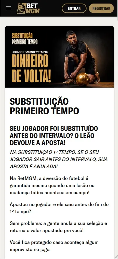 Substituição do Primeiro Tempo BetMGM, aposta anulada e valor devolvido se jogador for trocado antes do intervalo