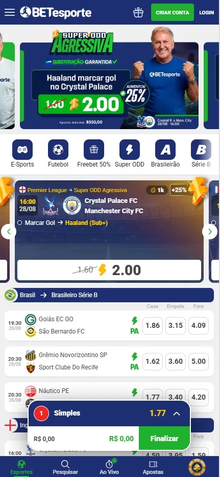Aposta BETesporte, Super Odd Agressiva de Haaland marcar gol no jogo Crystal Palace x Manchester City com odd aumentada para 2.00
