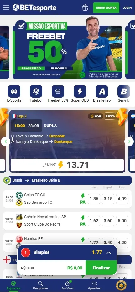 Página inicial BETesporte, Freebet 50% no Brasileirão e ligas europeias com odds do Brasileiro Série B