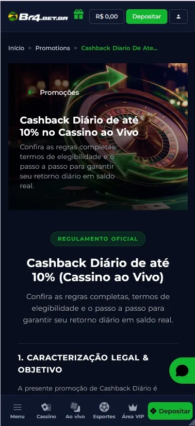 Cashback Diário Br4bet, reembolso de até 10% no cassino ao vivo com regulamento oficial disponível