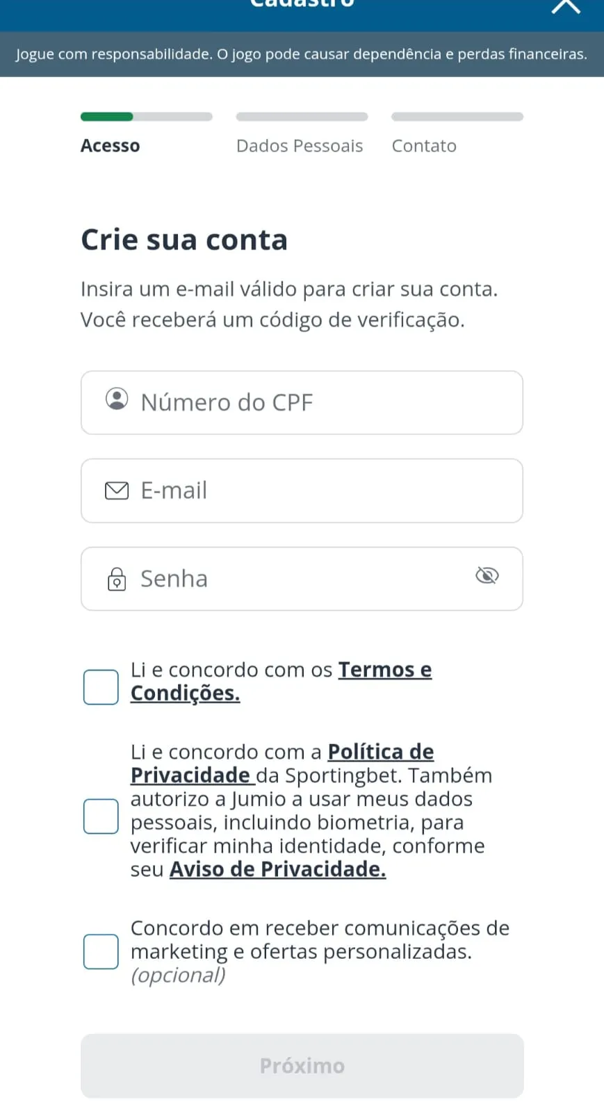 Cadastro na Sportingbet com campos de CPF, e-mail e senha, termos e condições e política de privacidadE.
