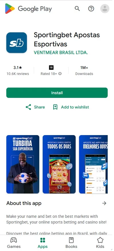 App Sportingbet Apostas Esportivas na Google Play com nota 3.1, mais de 1 milhão de downloads e classificação 18+