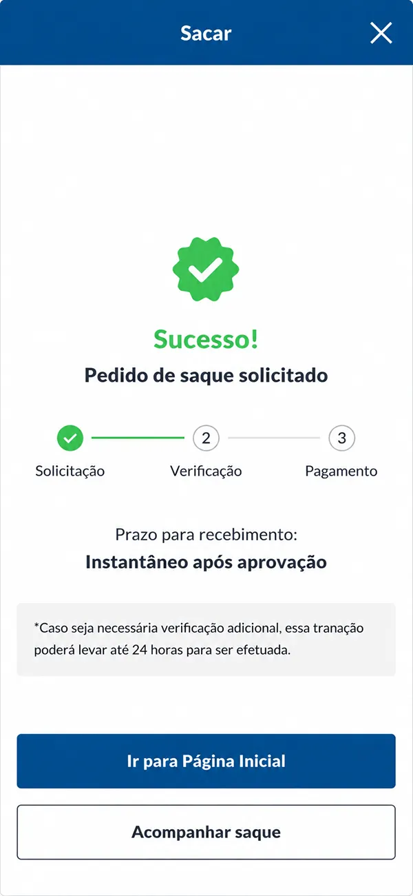 Saque solicitado com sucesso na Sportingbet com recebimento instantâneo após aprovação e verificação em 3 etapas