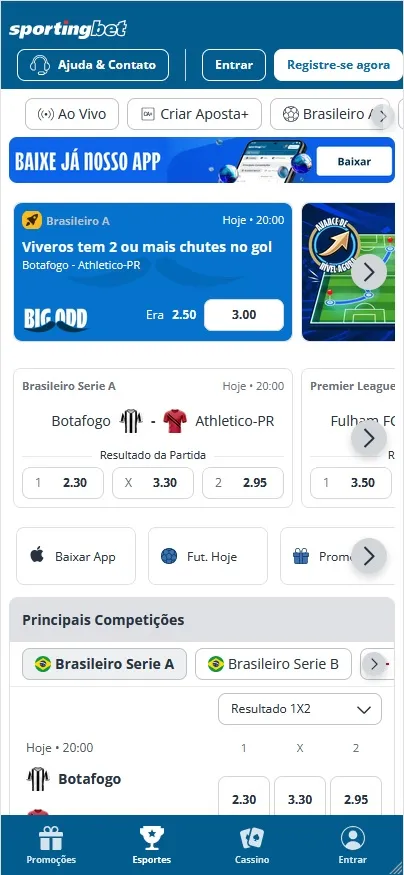 Página principal da Sportingbet com botão registre-se agora para o inicio do cadastro