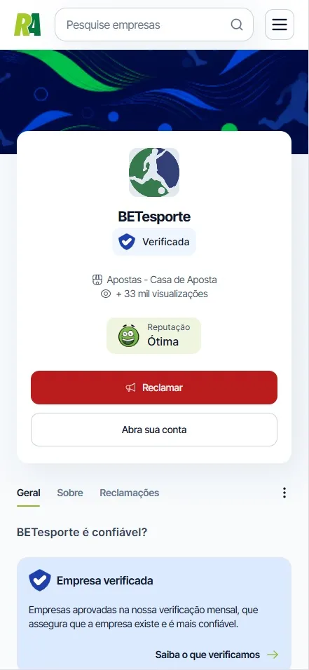 Perfil BETesporte no Reclame Aqui, reputação Ótima e mais de 33 mil visualizações