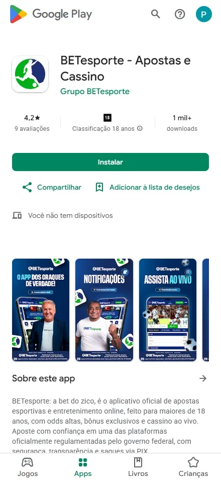 App BETesporte na Google Play Store, nota 4,2 com bônus exclusivos e saques via Pix