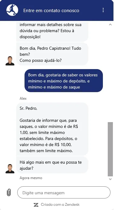 Atendimento via chat da BETesporte, resposta em cerca de 3 minutos