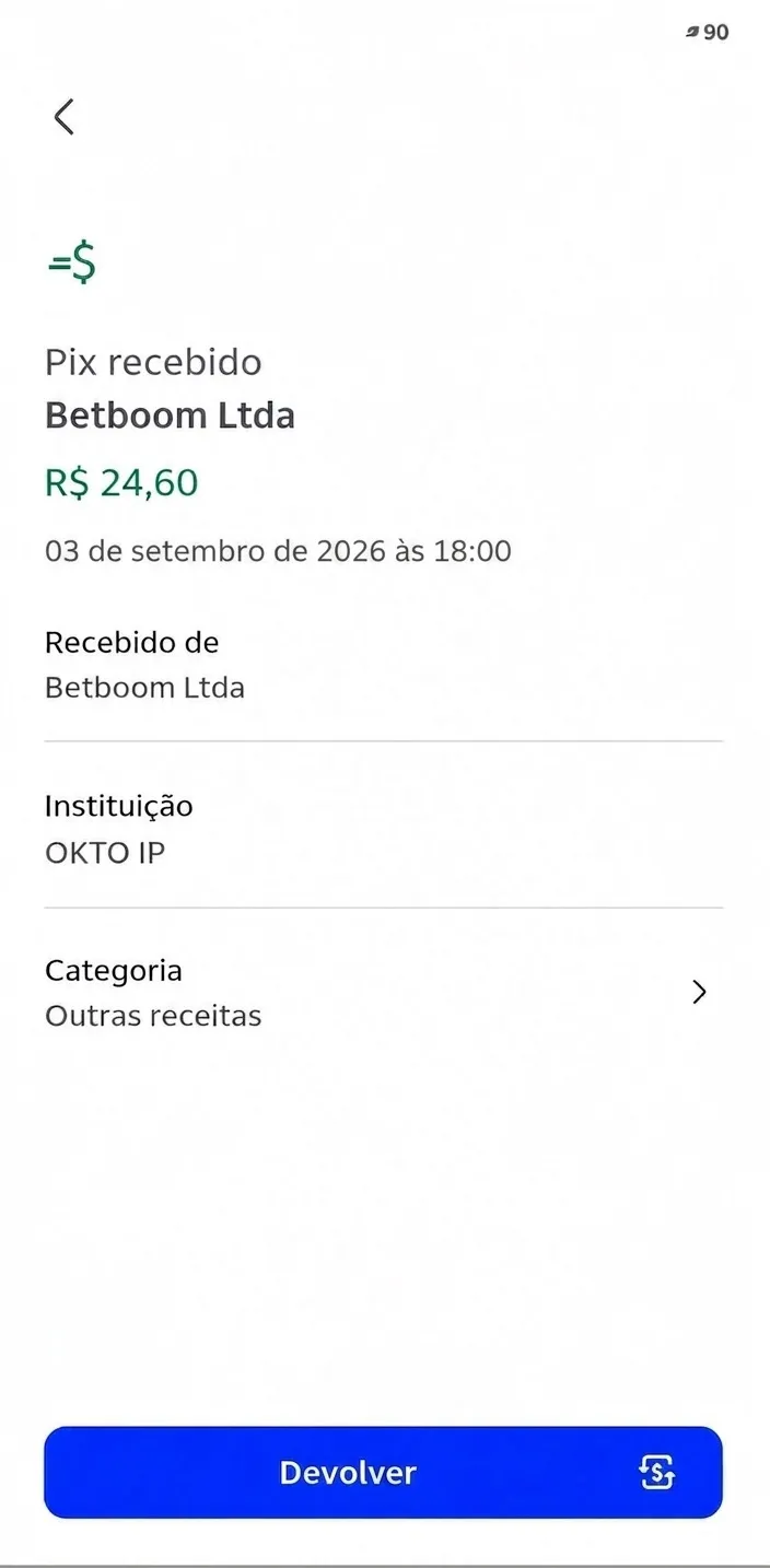 Extrato bancário Betboom, Pix recebido de R$24,60 pela instituição OKTO IP