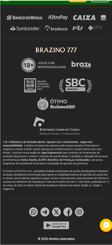 Rodapé Brazino777, métodos de pagamento aceitos e licença SPA/MF nº 466/2025